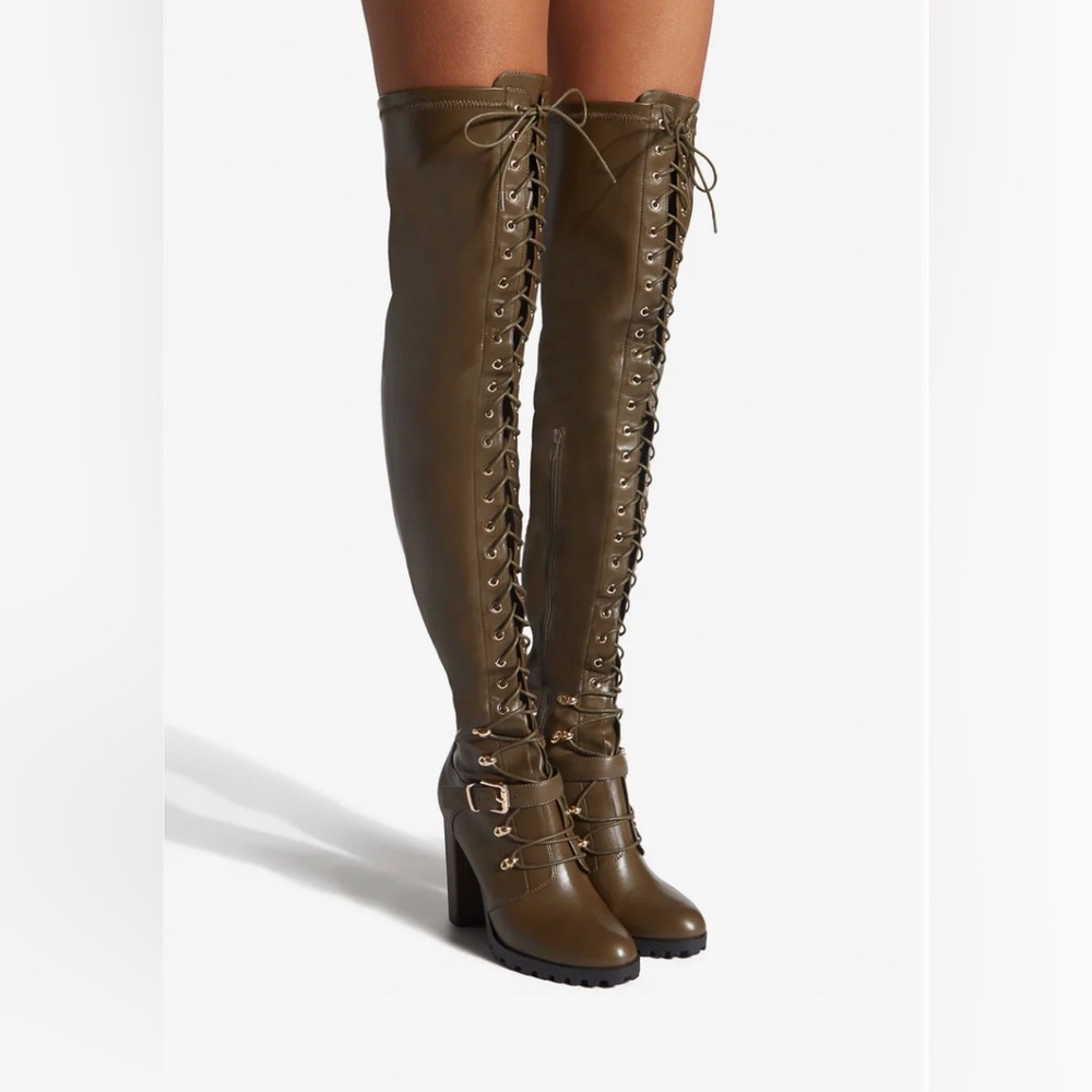 Tall Lace Up Block Heel Combat Boot In Dark Olive Night Wide Calf
